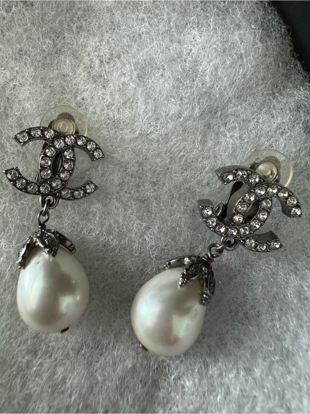 Authentic CHANEL CC Drop Pearl Earrings-silver tone.